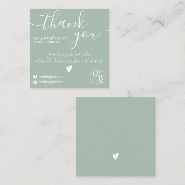 Modern minimalist sage green order thank you square business card (Front/Back)