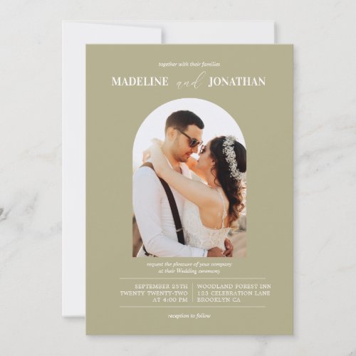 Modern Minimalist Sage Green Photo Arch Wedding Invitation