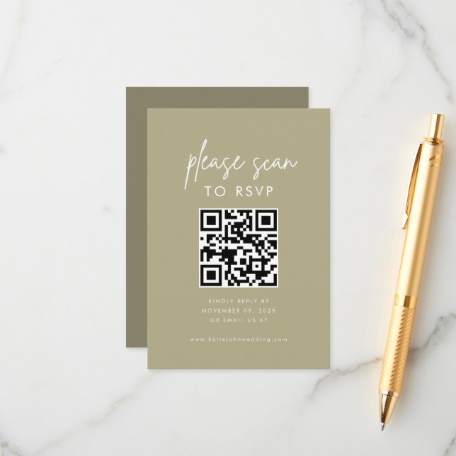 Modern Minimalist Sage Green Please Scan RSVP Enclosure Card (Front/Back In Situ)