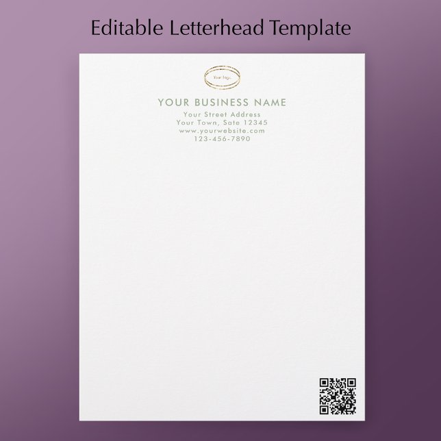 Modern Minimalist Sage Green QR Code Business Logo Letterhead (Personalize this modern sage green script letterhead with your business details, logo & QR code.
)