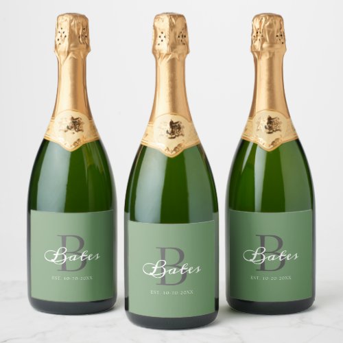 Modern Minimalist Sage Green Script Monogrammed Sparkling Wine Label