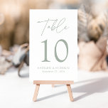 Modern Minimalist Sage Green Script Wedding Table Number<br><div class="desc">Elegant wedding table number card displaying the word "Table" in a sage green handwritten script with the table number, your names, and wedding date shown below with a white background. The design repeats on the back. To order the table number cards, simply type each number and add it to your...</div>