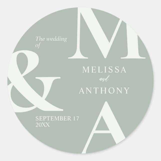 Modern Minimalist Sage Green Wedding Classic Round Sticker (Front)
