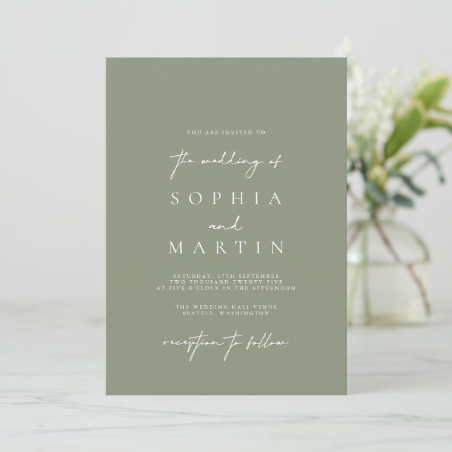 Modern Minimalist Sage Green Wedding Invitation (Standing Front)