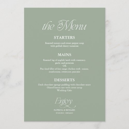 Modern Minimalist Sage Green Wedding Menu