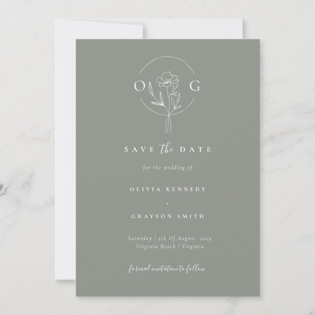 Modern Minimalist Sage Green Wedding Monogram  Save The Date (Front)