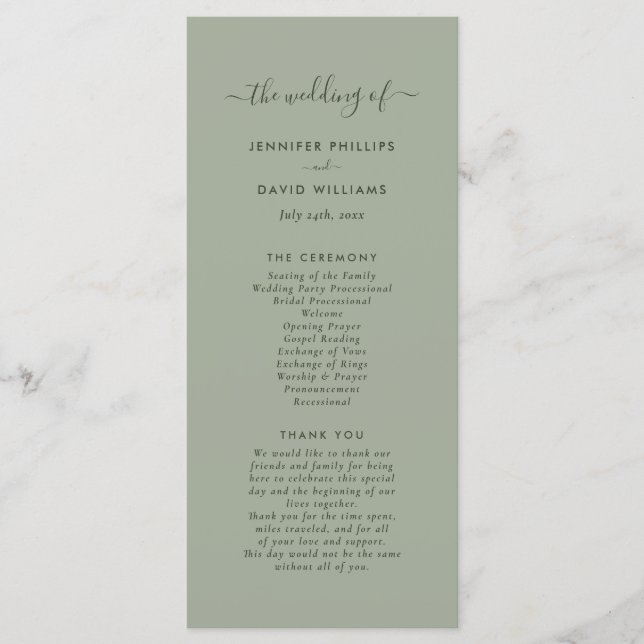 Modern Minimalist Sage Green Wedding Program (Front)