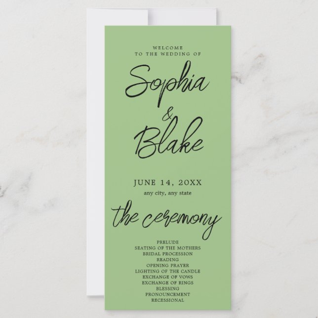 Modern Minimalist Sage Green Wedding Program (Front)