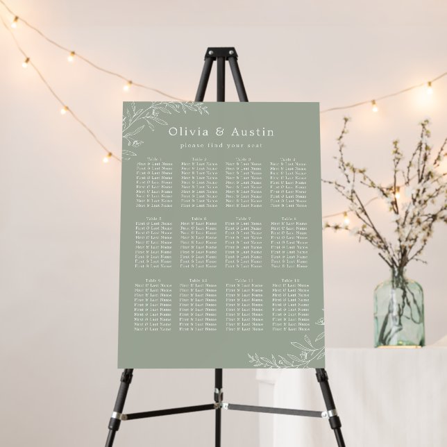 Modern Minimalist Sage Green Wedding Seating Chart Foam Board (In Situ (Stand))