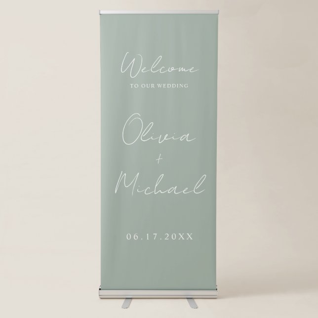 Modern Minimalist Sage Green Wedding Welcome Retractable Banner (Front)