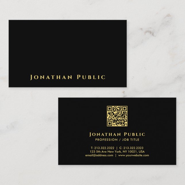 Modern Minimalist Scannable QR Code Black & Gold Business Card (Front/Back)