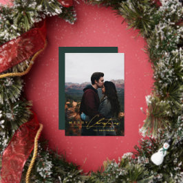Modern Minimalist Script 1 Photo Green Christmas Foil Holiday Card