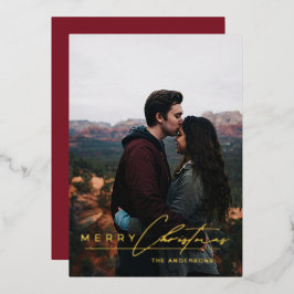 Modern Minimalist Script 1 Photo Red Christmas Foil Holiday Card