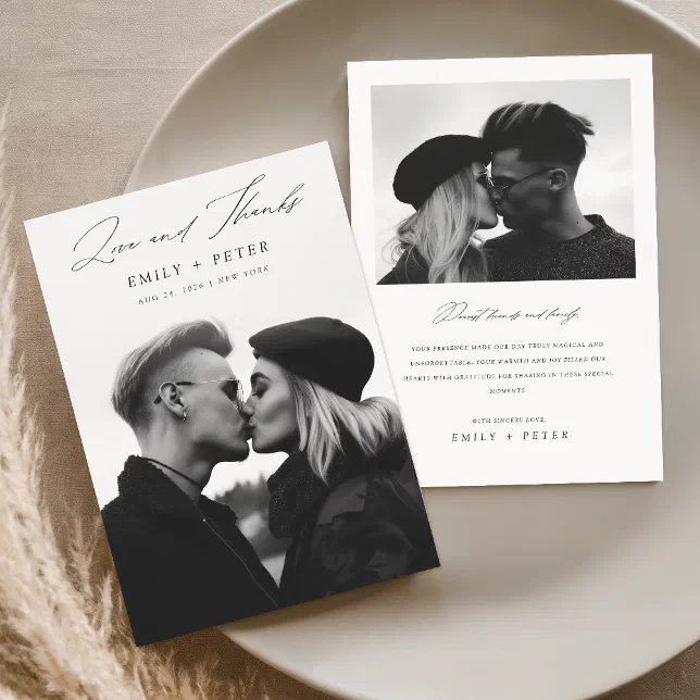Modern Minimalist Script 2 Photo Wedding Thank You Card | Zazzle