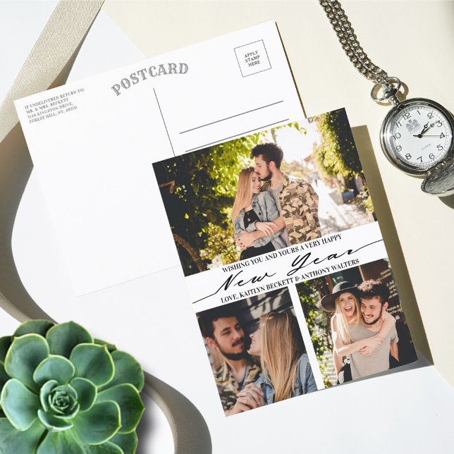 Modern Minimalist Script 3 Photo Collage New Year Holiday Postcard (Creator Uploaded)