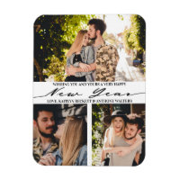 Modern Minimalist Script 3 Photo Collage New Year Magnet