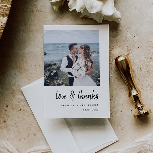 Modern Minimalist Script and Two Photos  Wedding Thank You Card