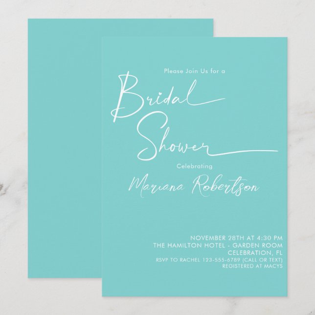 Modern Minimalist Script Aqua Blue Bridal Shower Invitation (Front/Back)