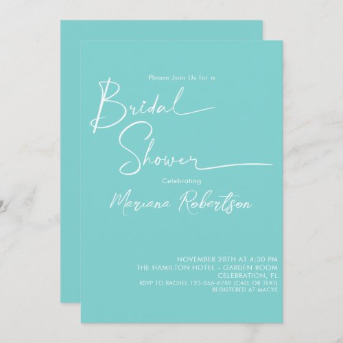 Modern Minimalist Script Aqua Blue Bridal Shower Invitation