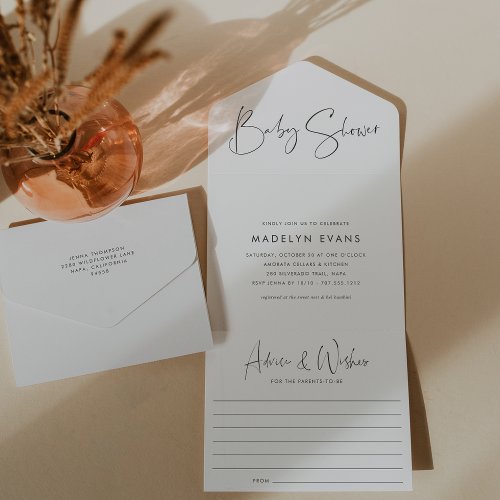 Modern Minimalist Script Baby Shower All In One Invitation