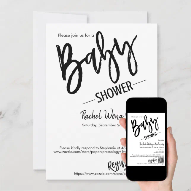 Modern Minimalist Script Baby Shower QR Code Invitation Zazzle