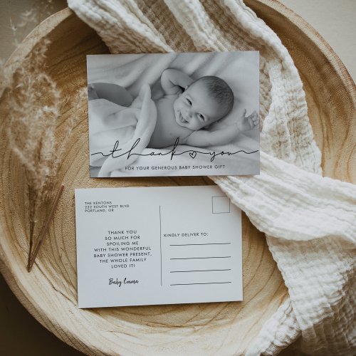 Modern minimalist script Baby shower thank you Postcard