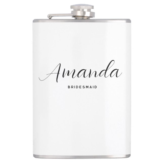 Modern Minimalist Script Bachelorette Bridesmaid Flask (Front)