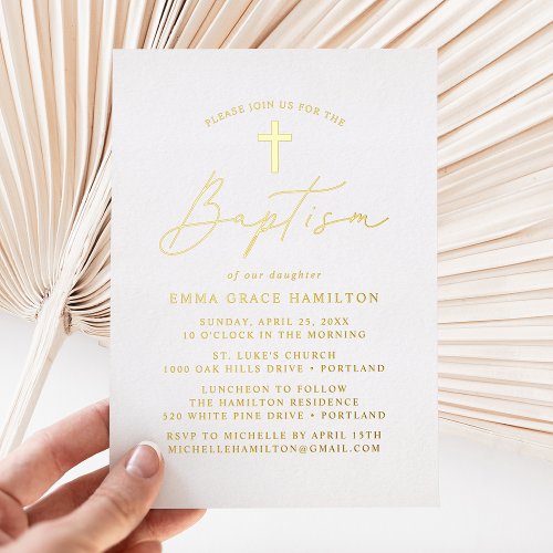 Modern Minimalist Script Baptism Foil Invitation