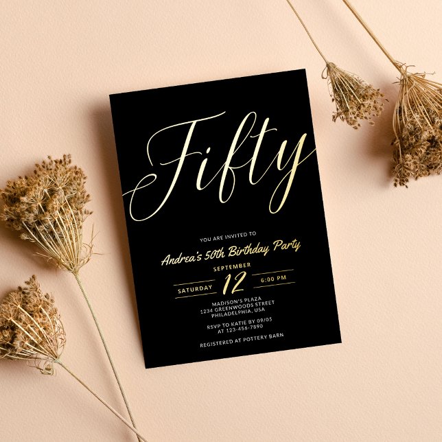 Modern Minimalist Script Black 50th Birthday Gold Foil Invitation (Creator Uploaded)