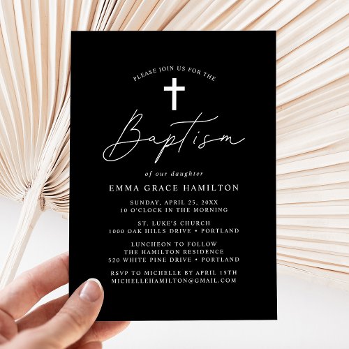 Modern Minimalist Script Black and White Baptism Invitation
