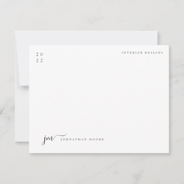 Modern Minimalist Script Black and White Monogram Note Card (Front)