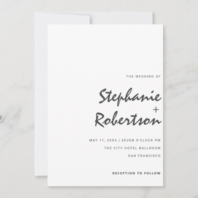 modern minimalist script black and white wedding invitation (Front)