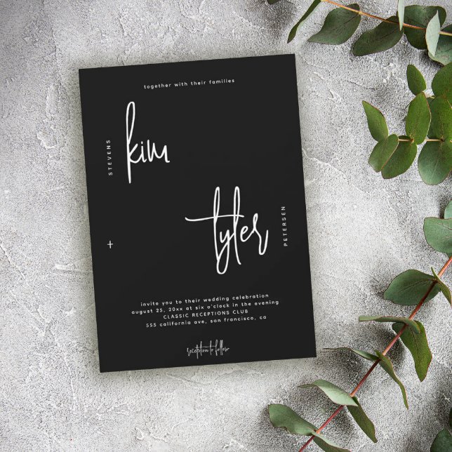 Modern minimalist script black and white wedding invitation