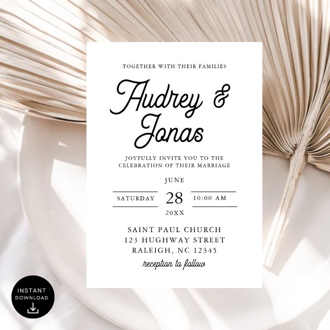 Modern Minimalist Script Black and White Wedding Invitation (Creator Uploaded)