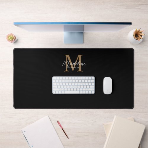 Modern Minimalist Script Black Gold Monogram Desk Mat