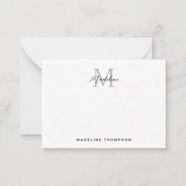 Modern Minimalist Script Black Gray Monogram Note Card (Front)