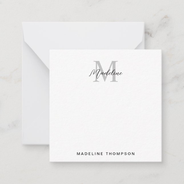 Modern Minimalist Script Black Gray Monogram Note Card (Front)