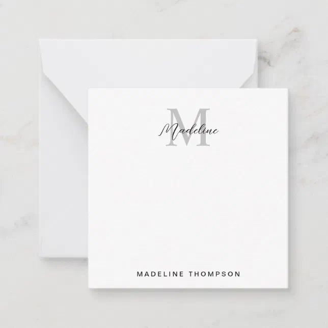 Modern Minimalist Script Black Gray Monogram Note Card | Zazzle