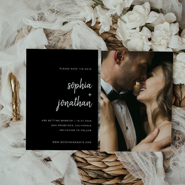 Modern Minimalist Script Black | Photo Back Save The Date (Creator Uploaded)