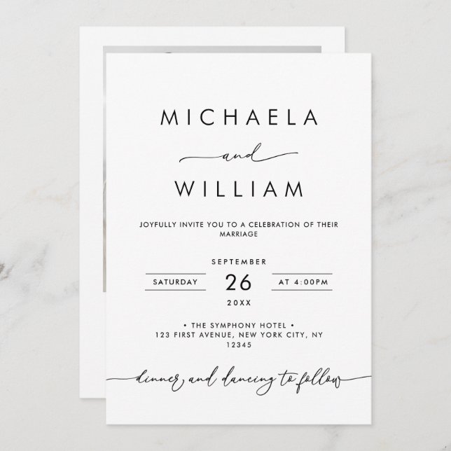 Modern Minimalist Script Black & White Wedding Invitation (Front/Back)