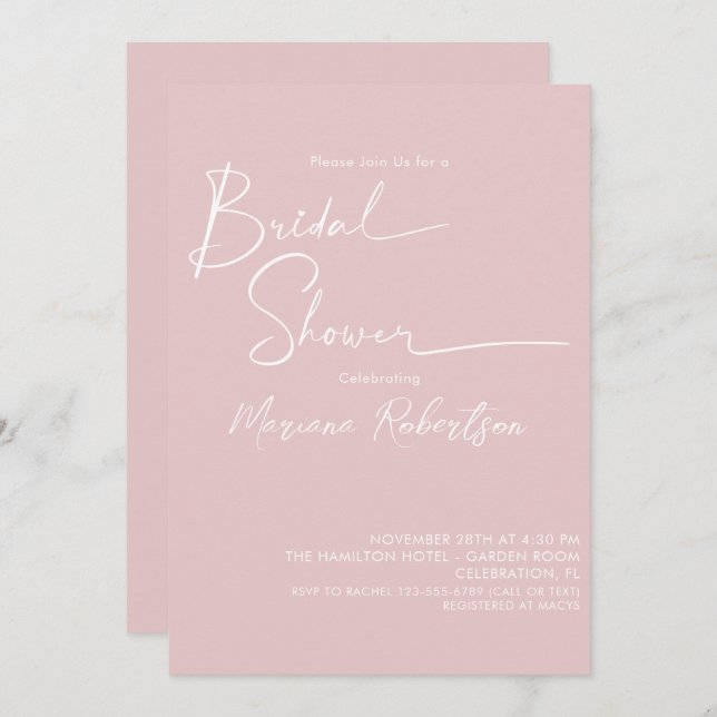 Modern Minimalist Script Blush Pink Bridal Shower Invitation (Front/Back)