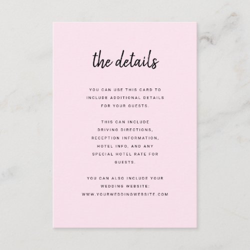 Modern Minimalist Script Blush  Wedding Details Enclosure Card
