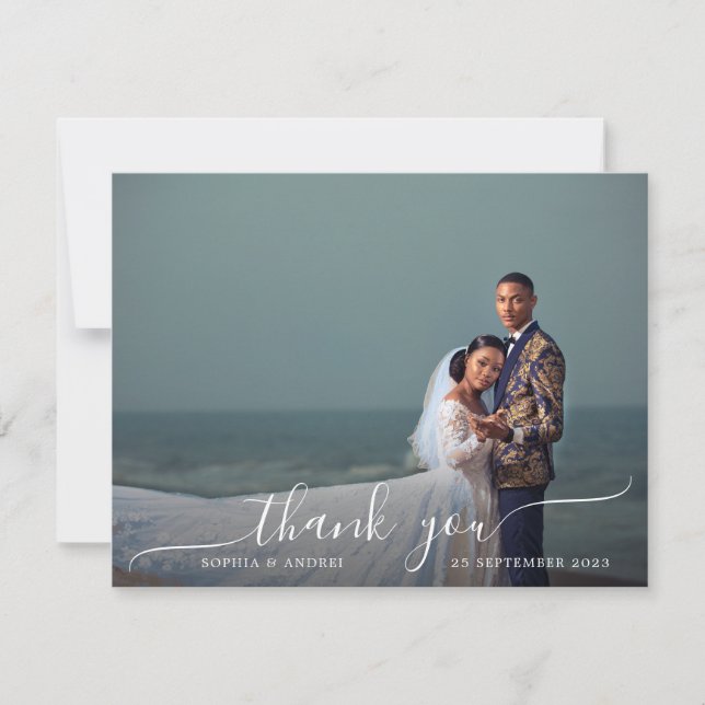 Modern Minimalist Script Border Wedding Thank You Card (Front)