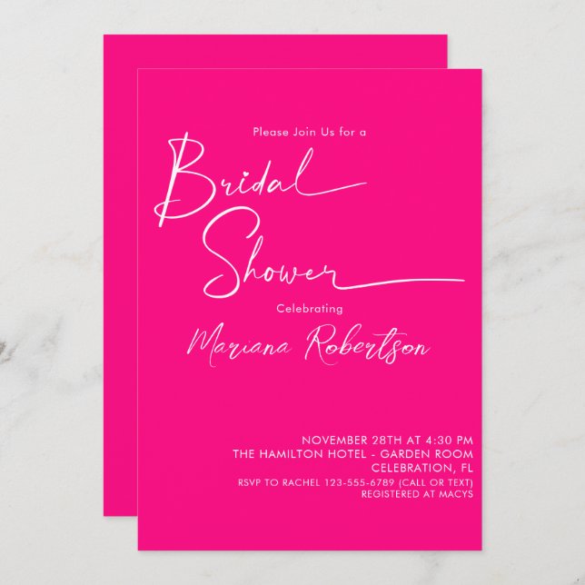 Modern Minimalist Script Bright Pink Bridal Shower Invitation (Front/Back)