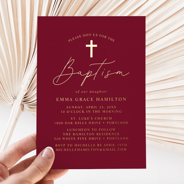 Modern Minimalist Script Burgundy Baptism Foil Invitation (Creator Uploaded)