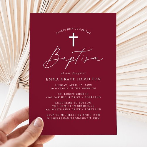 Modern Minimalist Script Burgundy Baptism Invitation