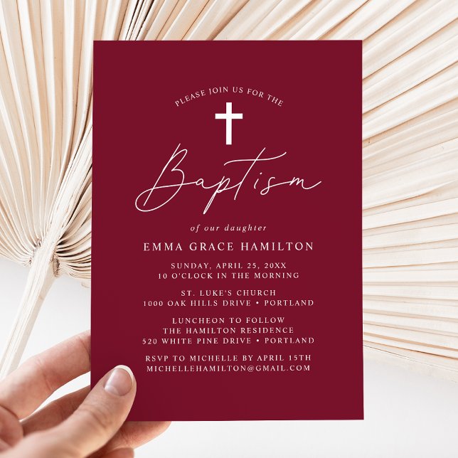 Modern Minimalist Script Burgundy Baptism Invitation (Creator Uploaded)