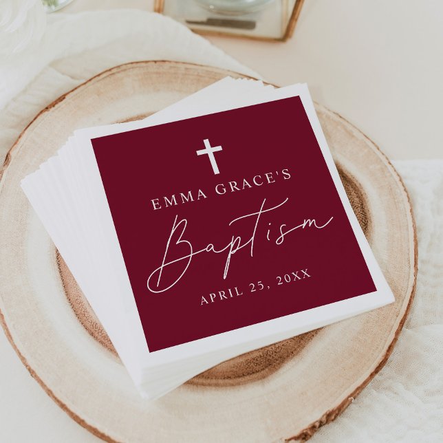 Modern Minimalist Script Burgundy Baptism Napkins (Creator Uploaded)