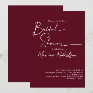 Modern Minimalist Script Burgundy Bridal Shower Invitation