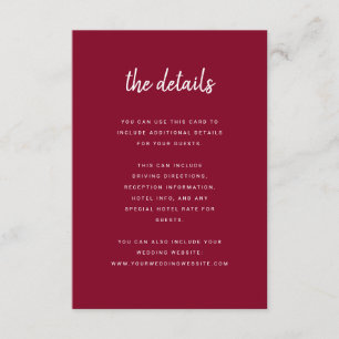 Modern Minimalist Script Burgundy Guest Details Enclosure Card